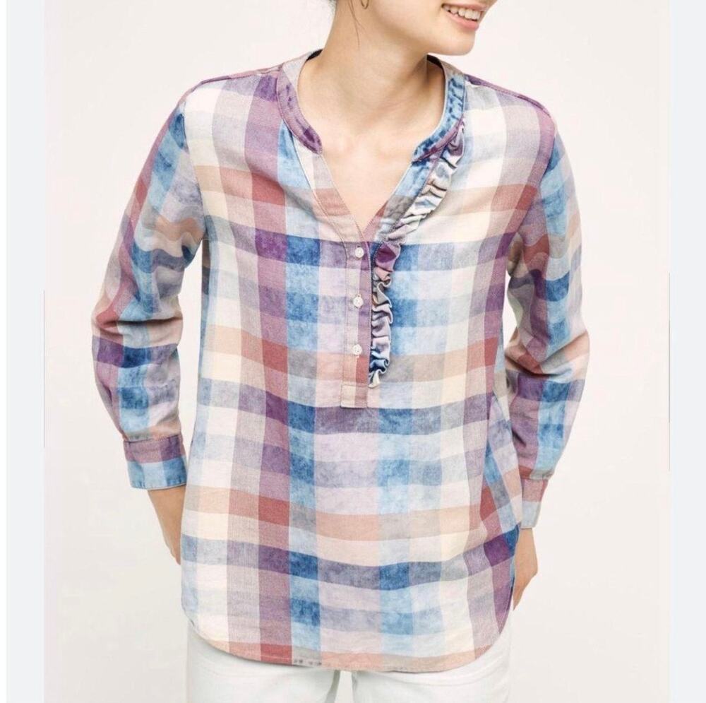 Isabella Sinclair Multicolor Plaid Popover Shirt XL 100% Cotton Ruffle Trim